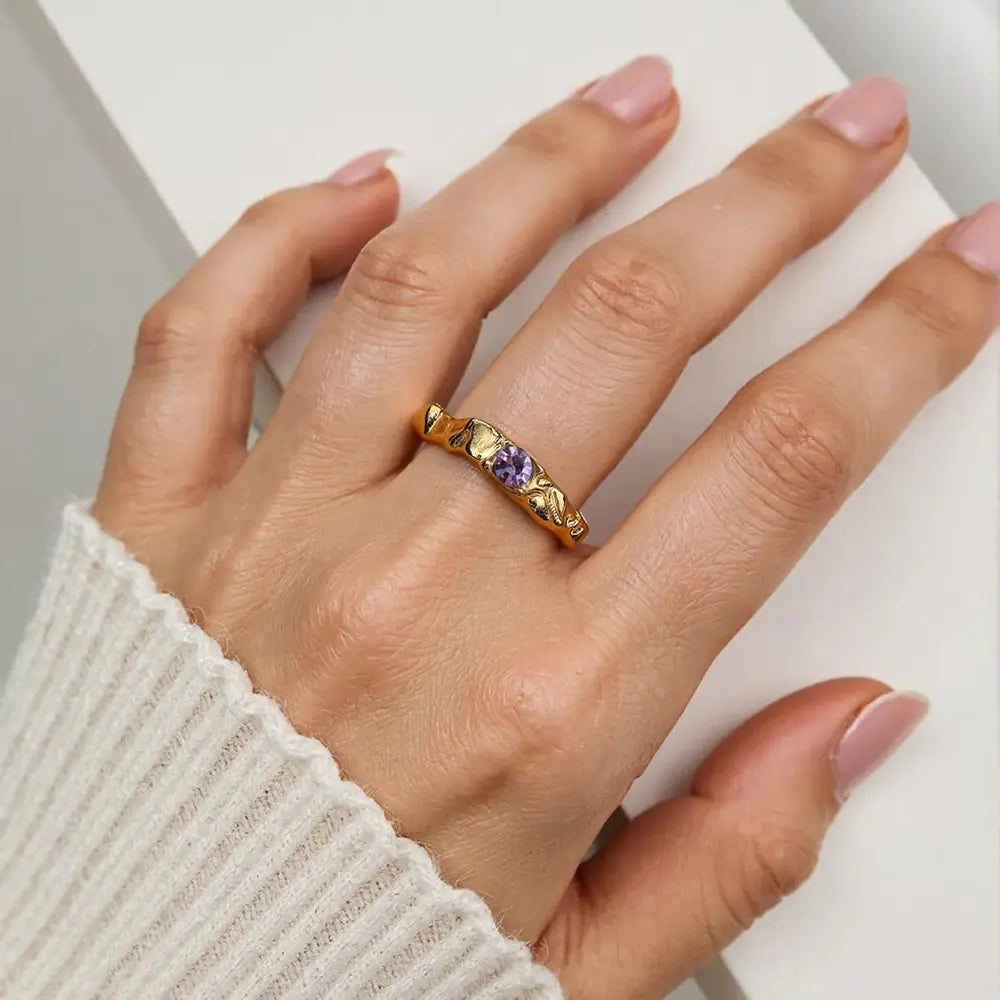 Irregular Stainless Steel Purple Zircon Adjustable Ring