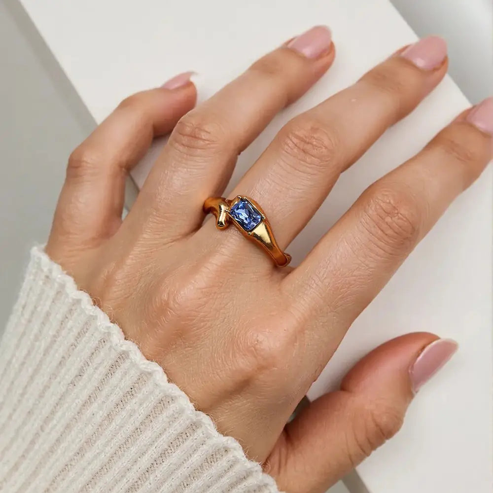 316L Stainless Steel Blue Zircon Open-style Ring