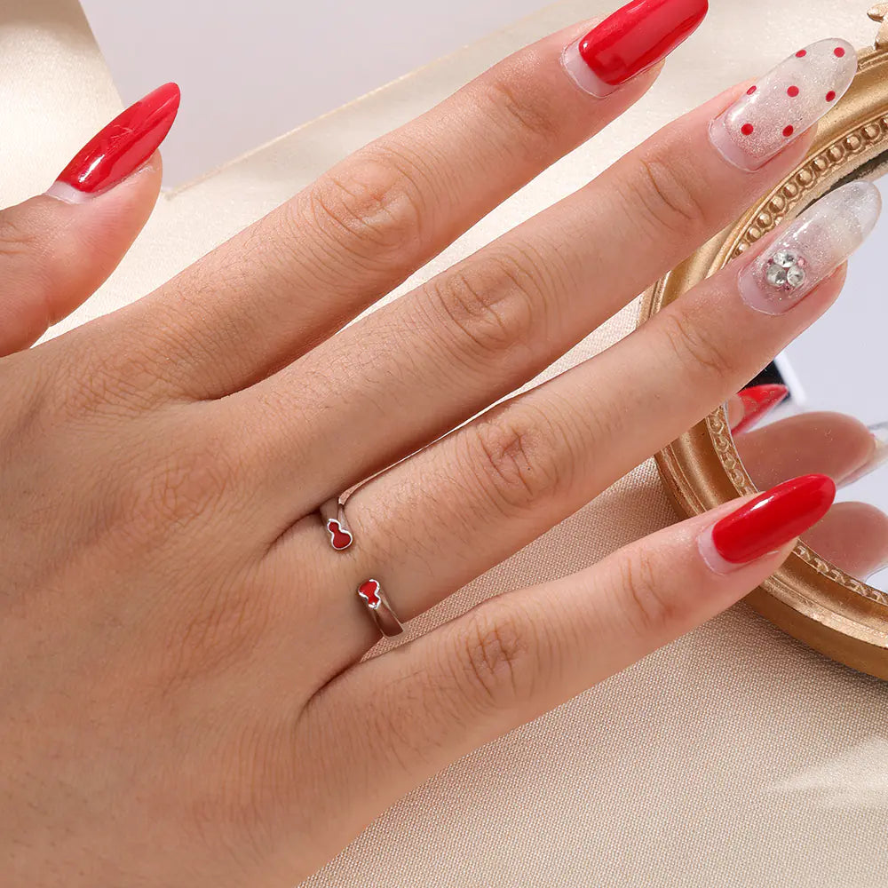 S925 Sterling Silver Red Enamel Double Gourd Open Ring