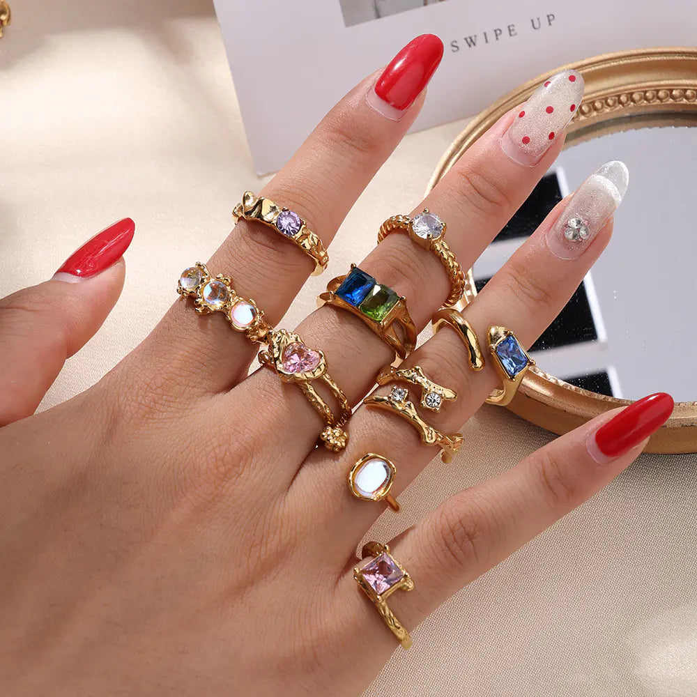 Stainless Steel Twisted Colorful Zircon Open Ring