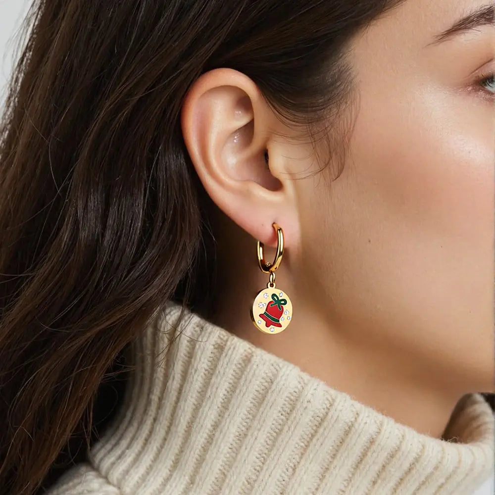 Stainless Steel Cute Enamel Huggie Hoop Christmas Earrings