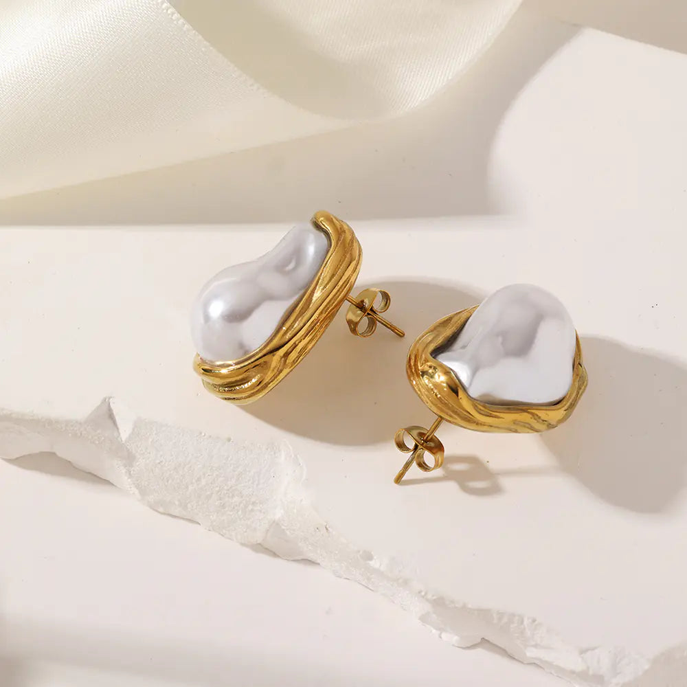 No Tarish Stainless Steel Baroque Pearl Stud Earrings