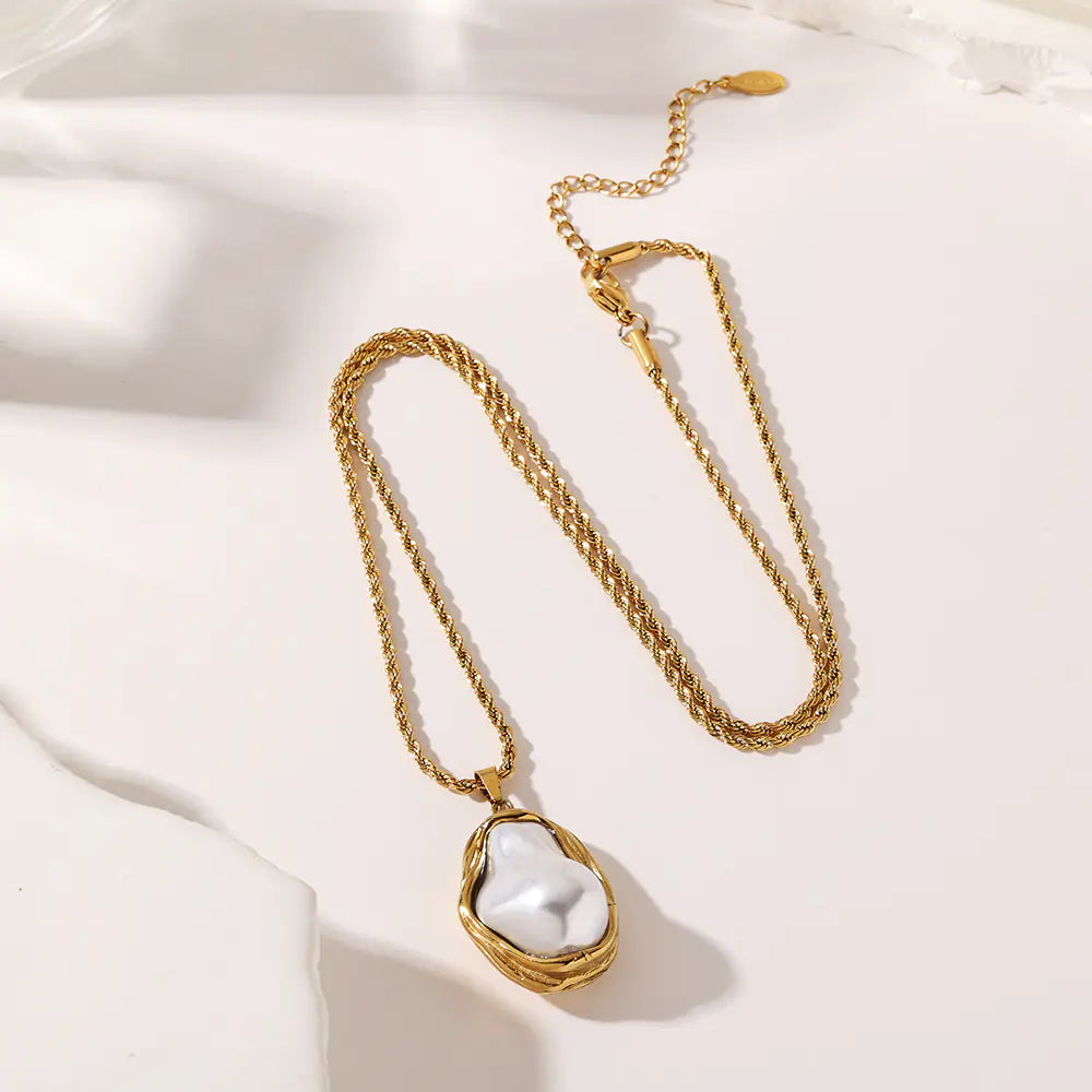 Stainless Steel Gold Baroque Pearl Pendant Necklace