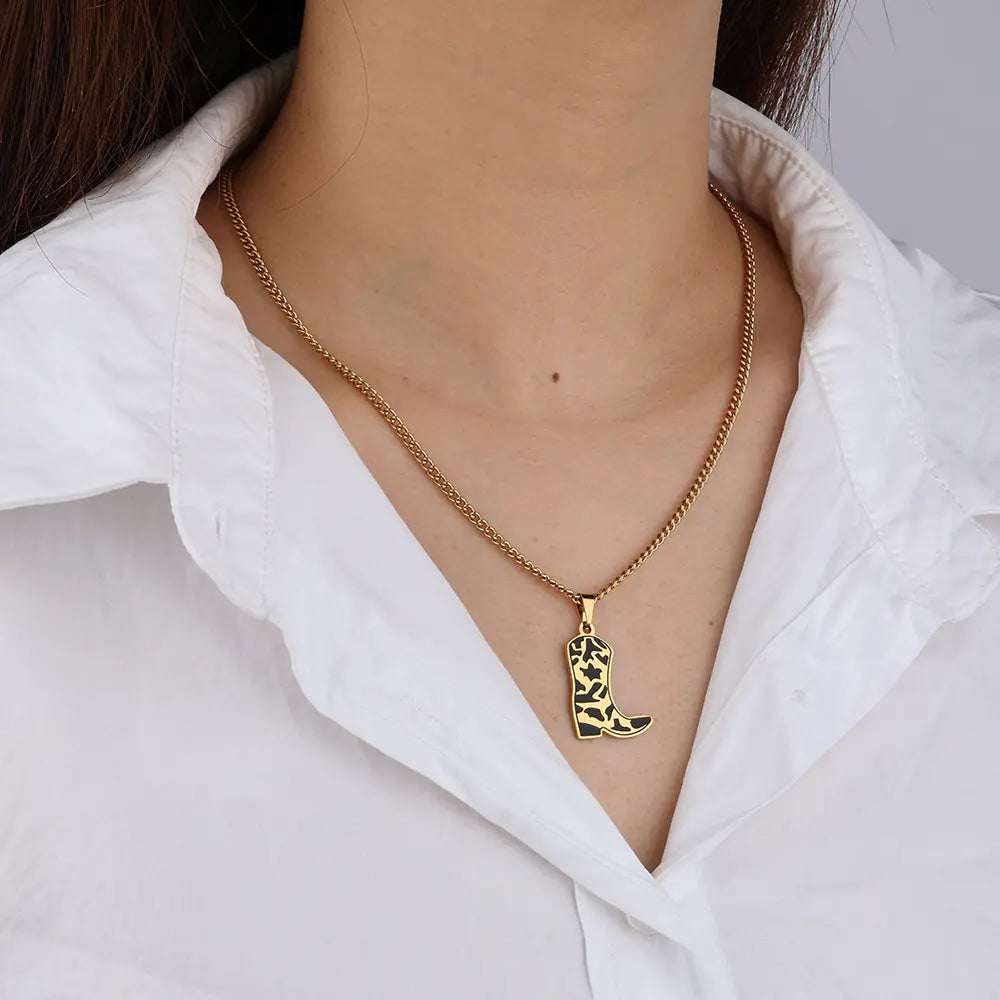 Stainless Steel Silver Gold Western Cowboy Boots Design Necklace