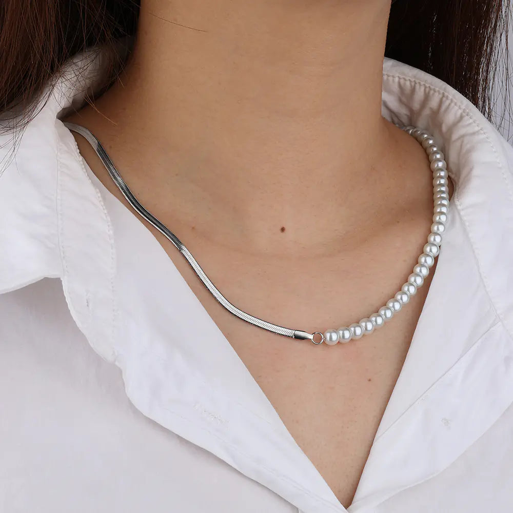 Stainless Steel Silver Pearl Necklace