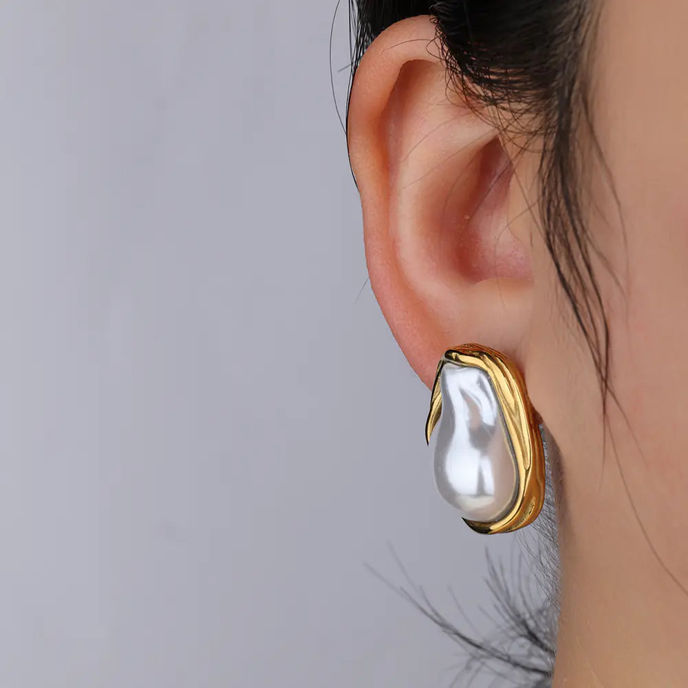 No Tarish Stainless Steel Baroque Pearl Stud Earrings