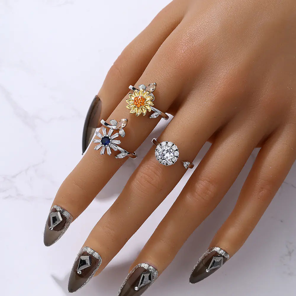 Fashion Sunflower Brass CZ Adjustable Ring