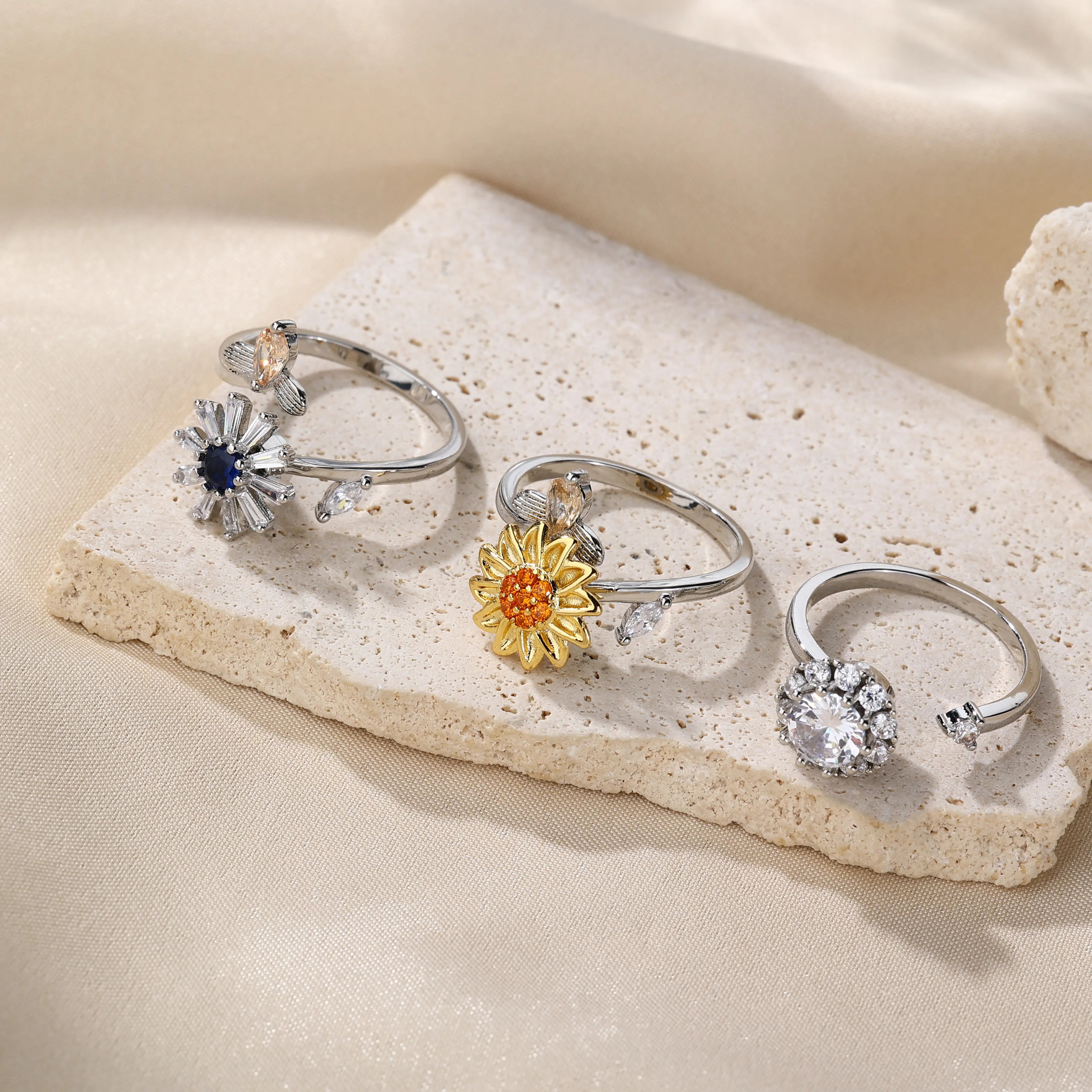 Fashion Sunflower Brass CZ Adjustable Ring