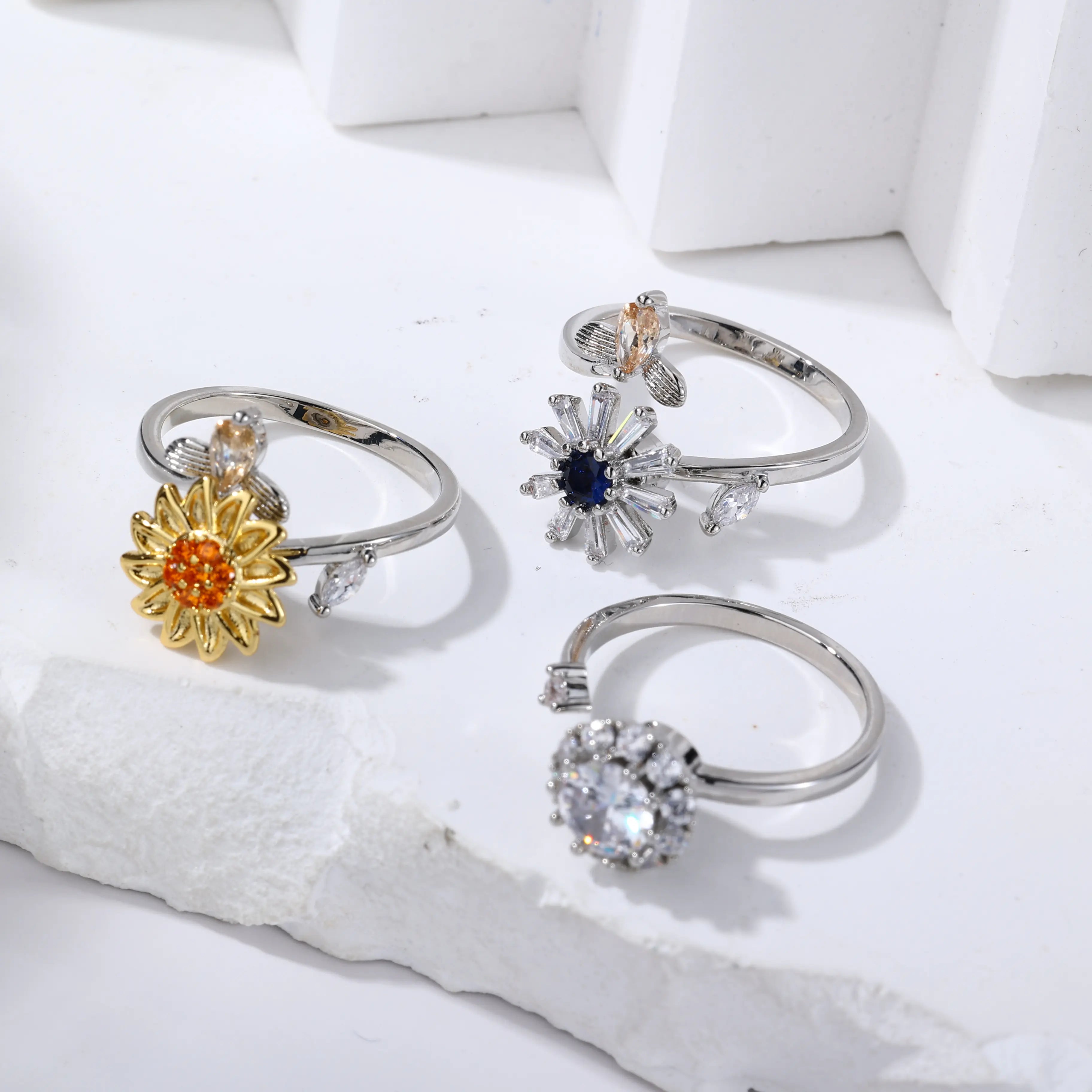 Fashion Sunflower Brass CZ Adjustable Ring