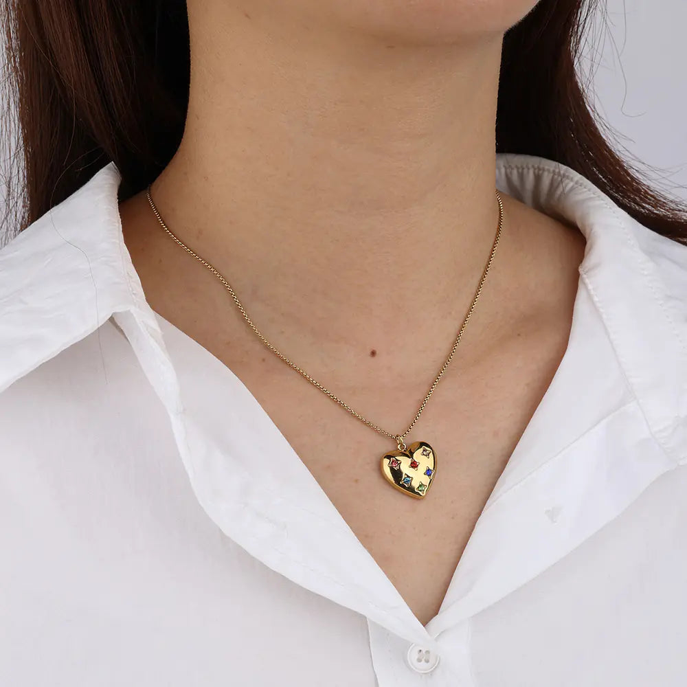 Stainless Steel Heart Shape Gemstones Necklace