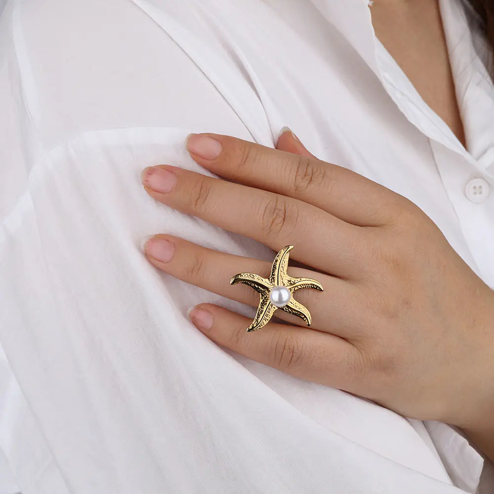 Fashion Stainless Steel Gold Plated Geometric Starfish Ring