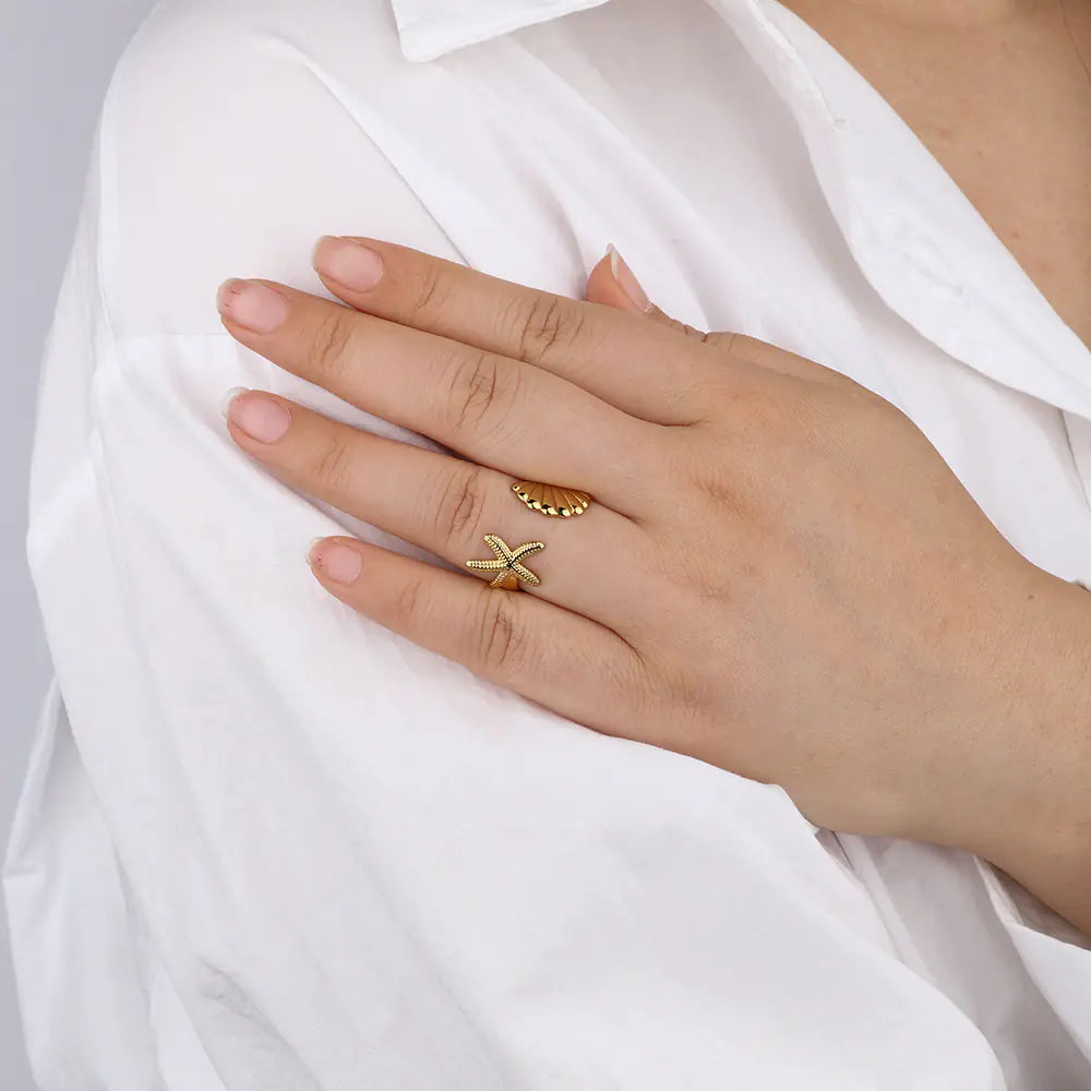 Stainless Steel Marine Threaded Shell Starfish Open Ring
