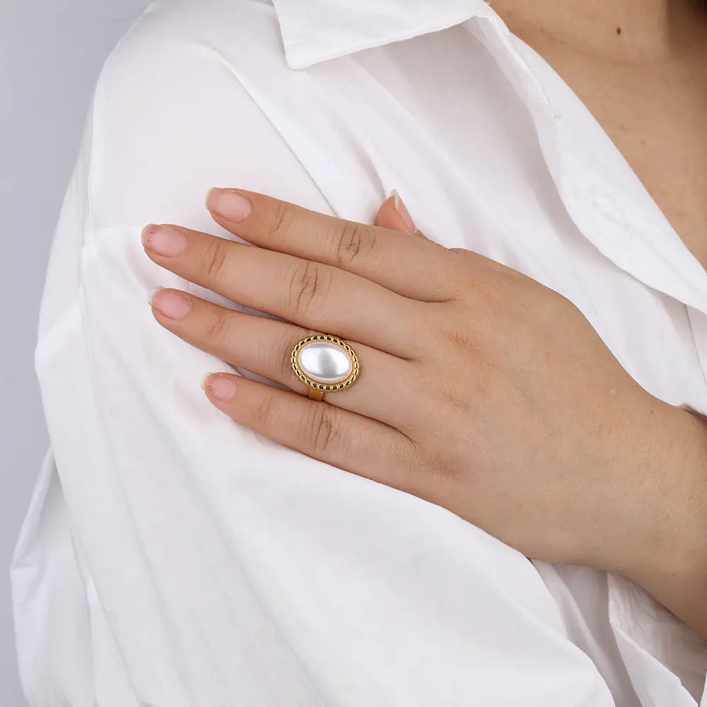 Trendy Adjustable Pearl Ring Stainless Steel Geometric