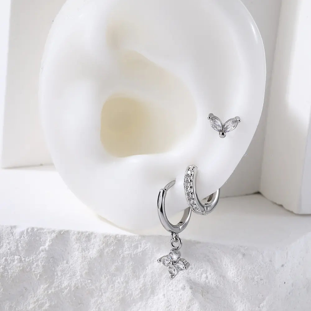 Fashion Brass CZ Flower Stud Hoop Earrings Set Women