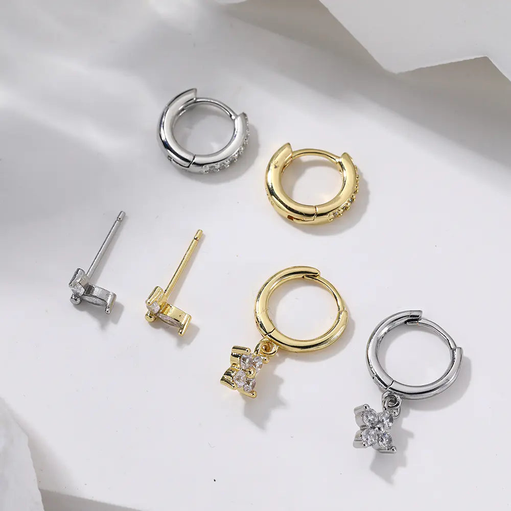 Fashion Brass CZ Flower Stud Hoop Earrings Set Women