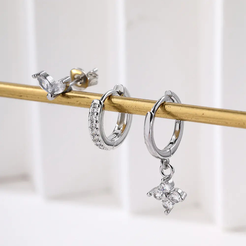 Fashion Brass CZ Flower Stud Hoop Earrings Set Women