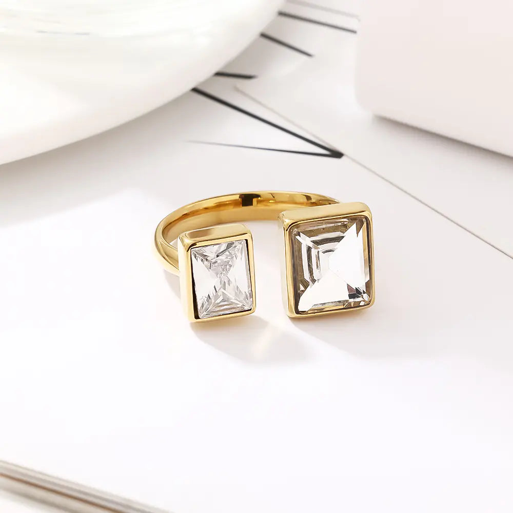 Non-Tarnish Stainless Steel Square Pink Zircon Adujstable Rings