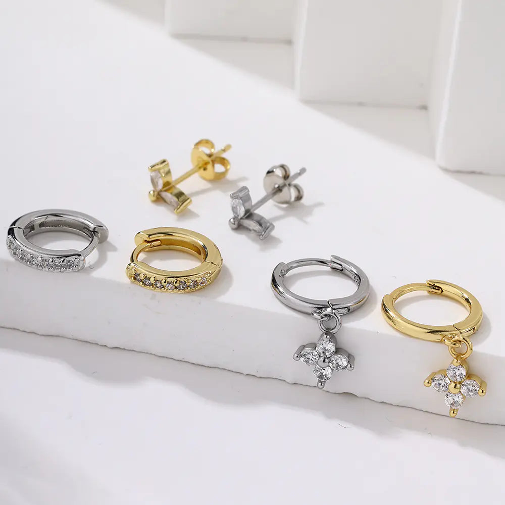 Fashion Brass CZ Flower Stud Hoop Earrings Set Women