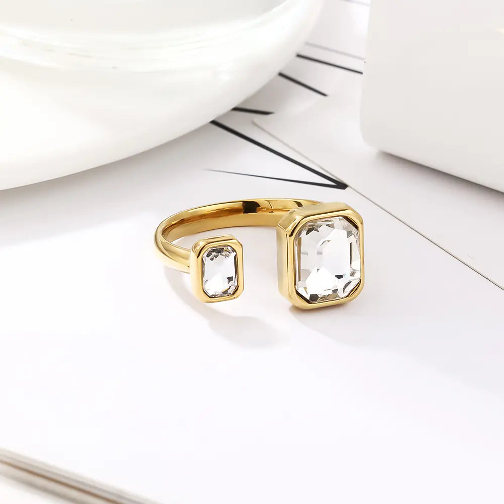 Stainless Steel Oval Rhinestones Open Size Rings