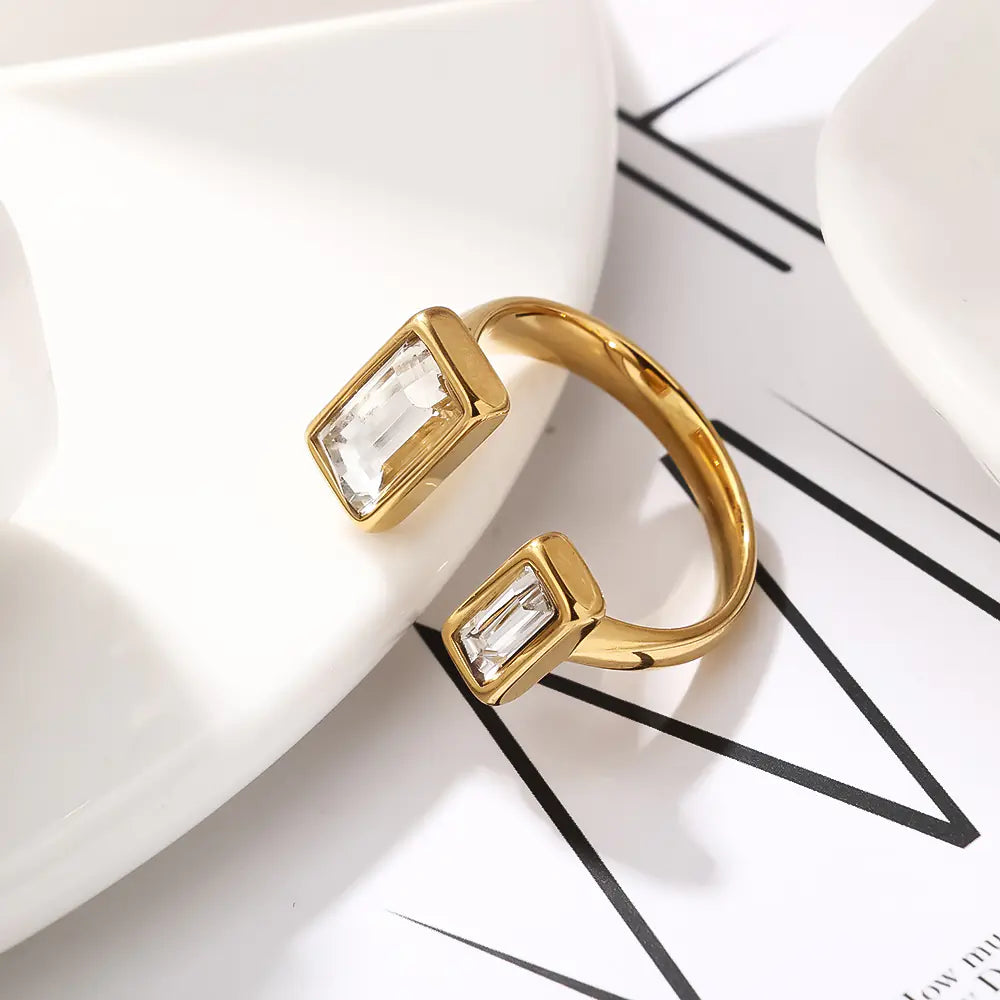 Non-Tarnish Stainless Steel Rectangle Zircon Adujstable Rings