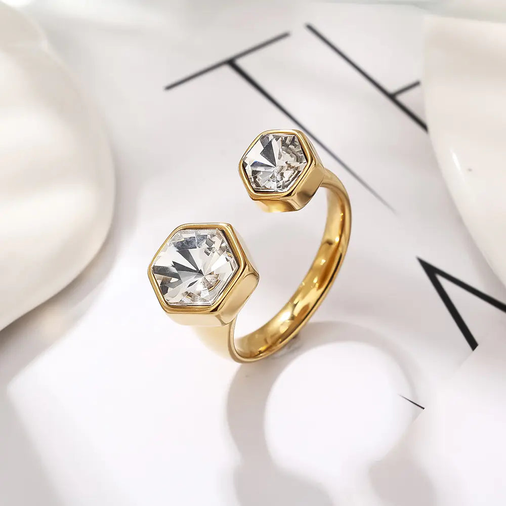 Gold Plated Hexagon Shape Stainless Steel Adujstable Rings