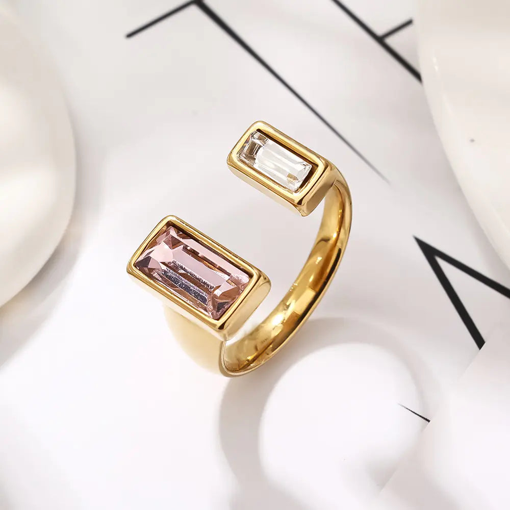 Non-Tarnish Stainless Steel Rectangle Zircon Adujstable Rings