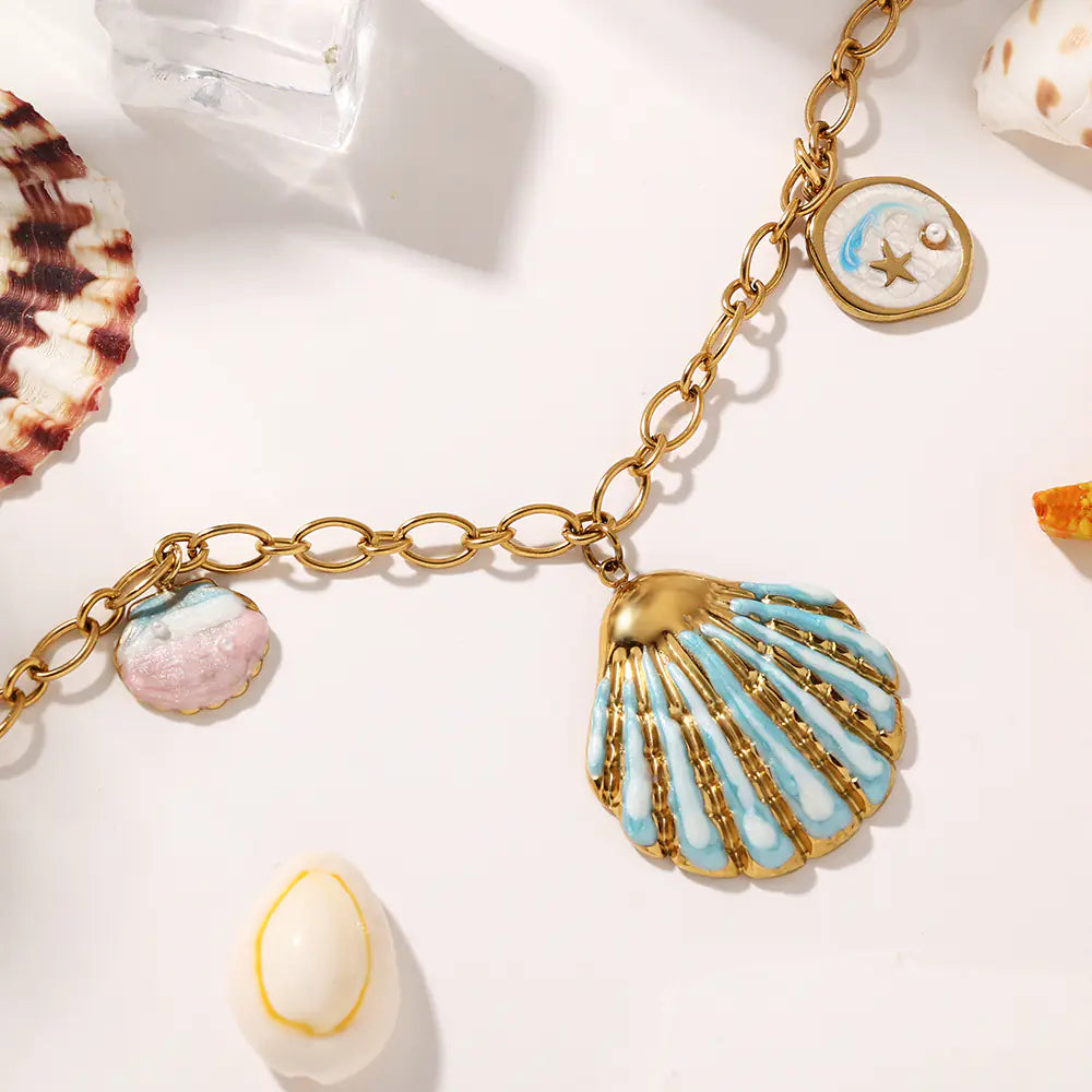 Stainless Steel Green Shell Ocean Series Design Necklace