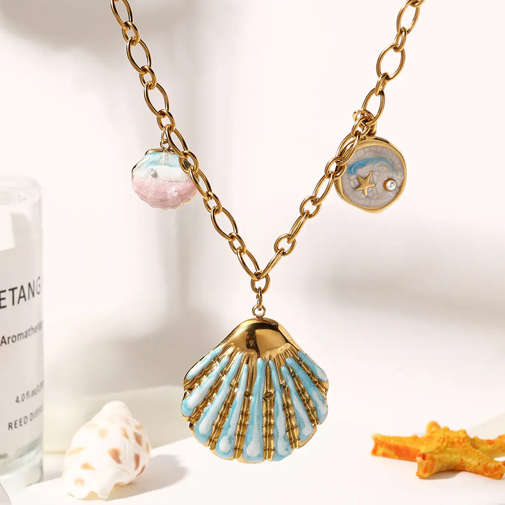 Stainless Steel Green Shell Ocean Series Design Necklace