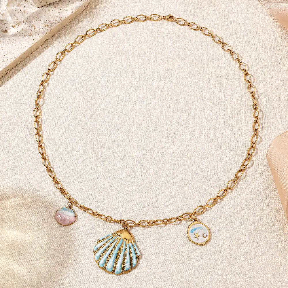 Stainless Steel Green Shell Ocean Series Design Necklace
