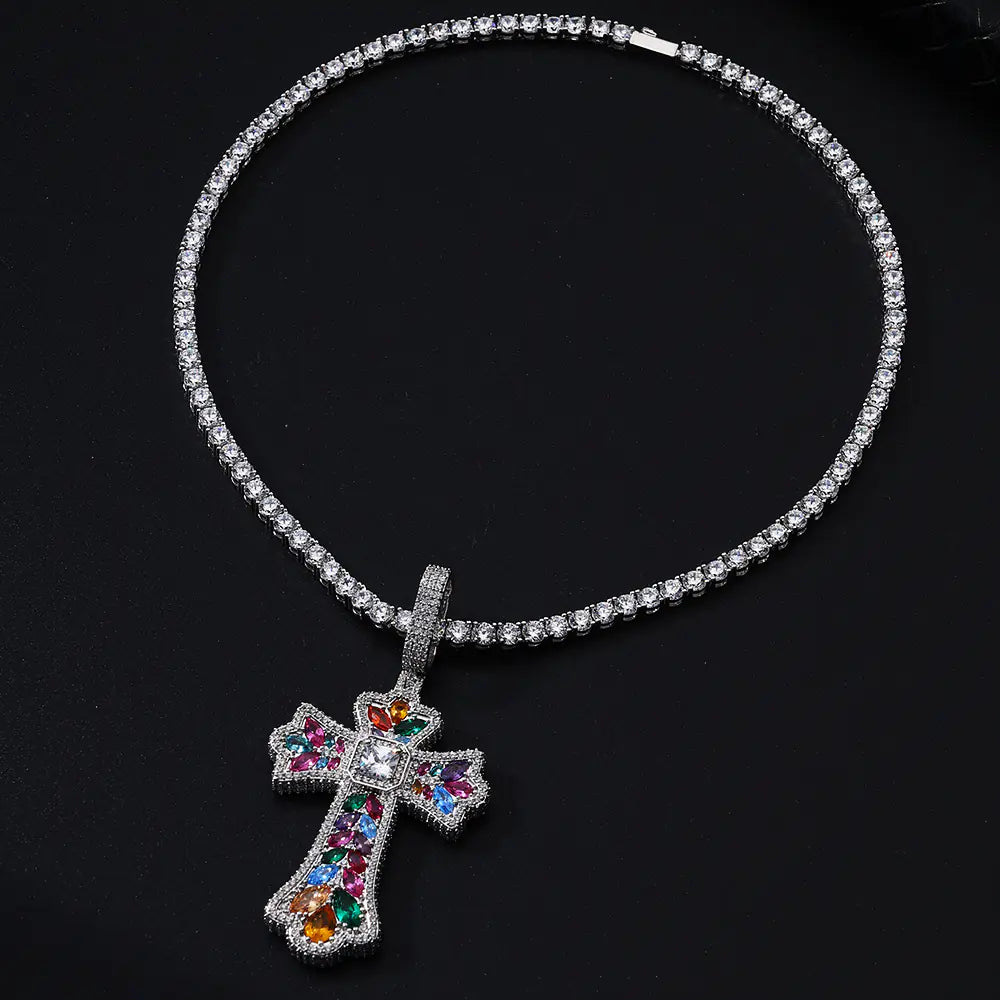 Multi Cutting Colorful Diamond Cross Charm Pendant