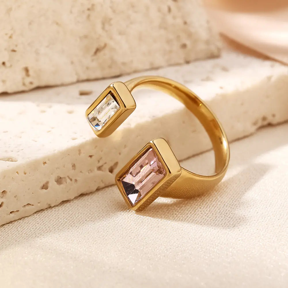 Non-Tarnish Stainless Steel Rectangle Zircon Adujstable Rings