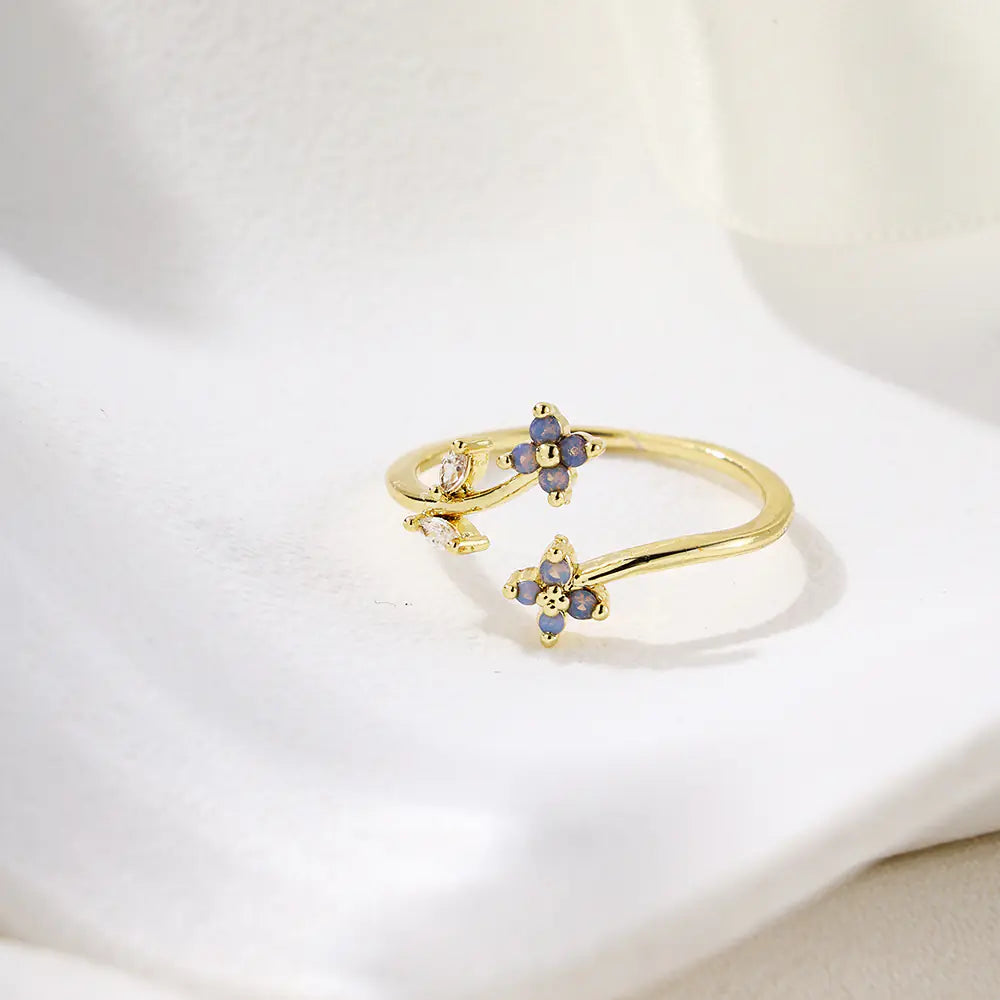 Adjustable Flower Brass Blue CZ Rings