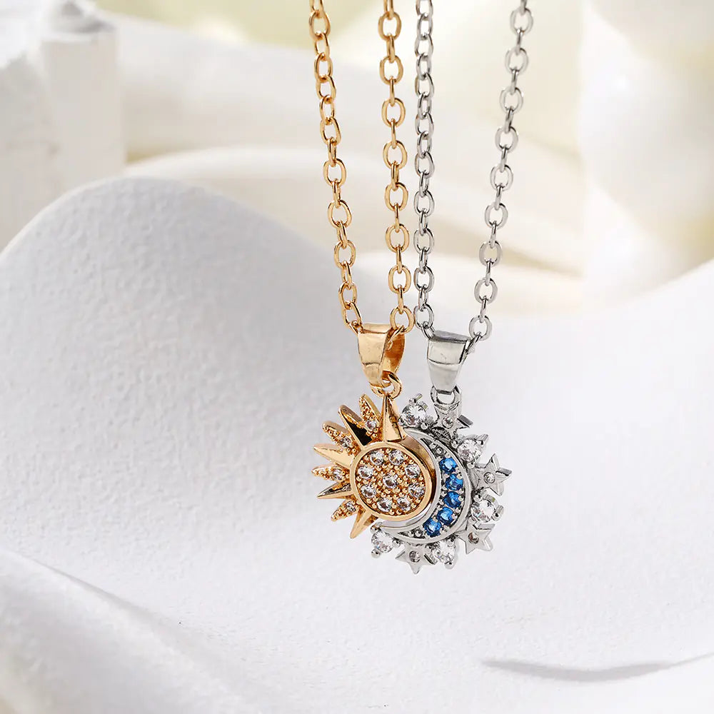 New Fashion Brass CZ Sun Moon Pendant Necklaces