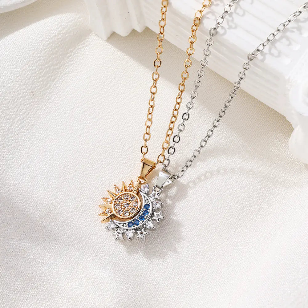 New Fashion Brass CZ Sun Moon Pendant Necklaces