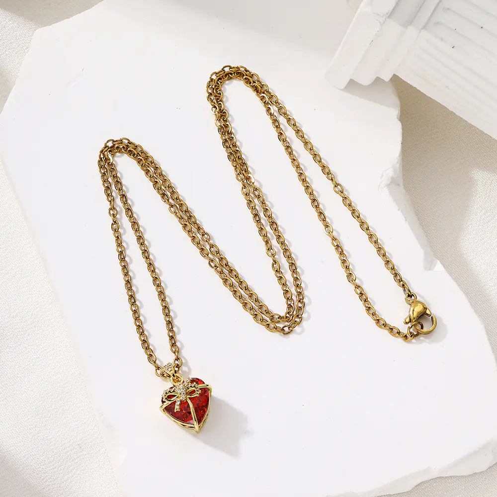 Red Heart Bow Love Pendant Necklace