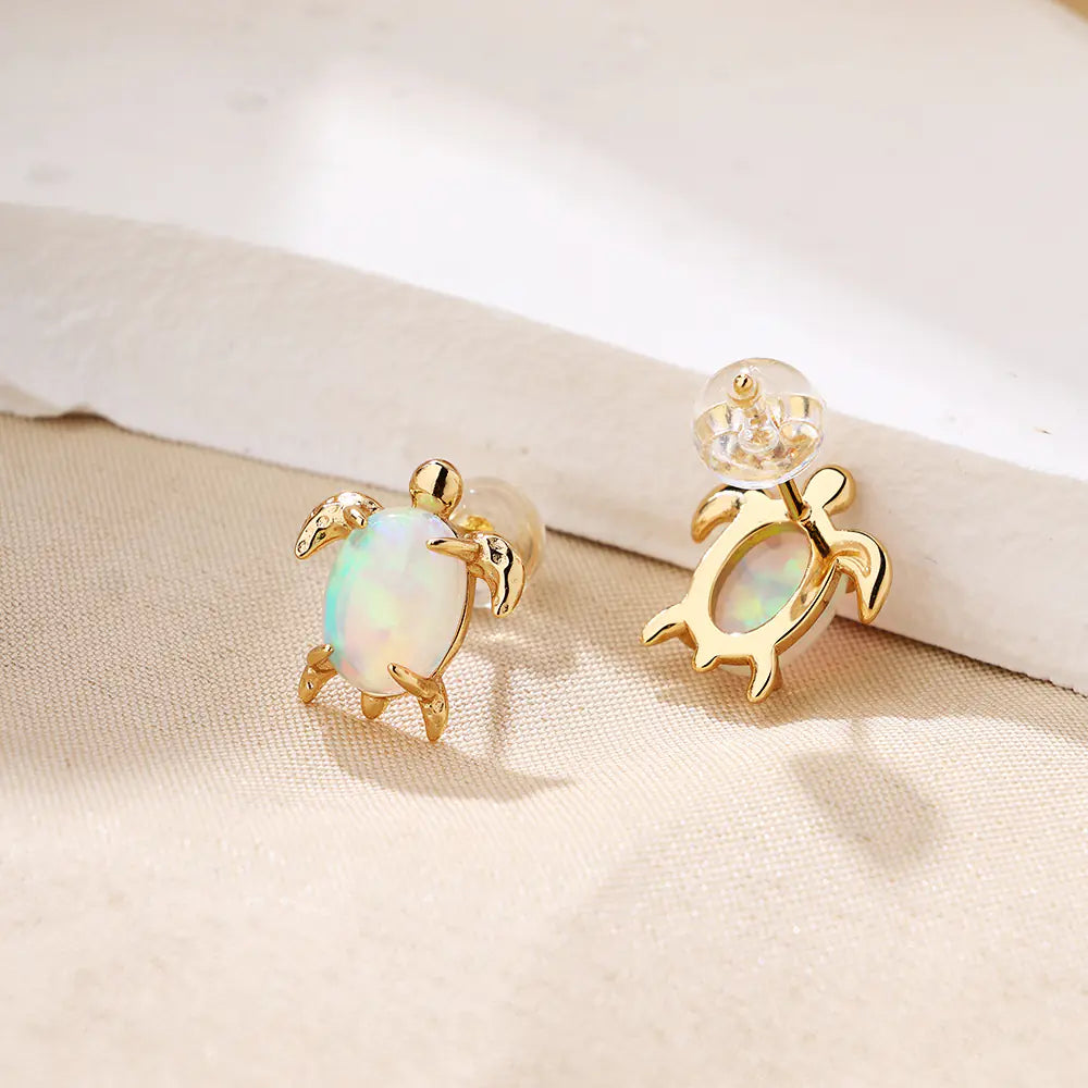 925 Sterling Silver Geometric Turtle Opal Earring
