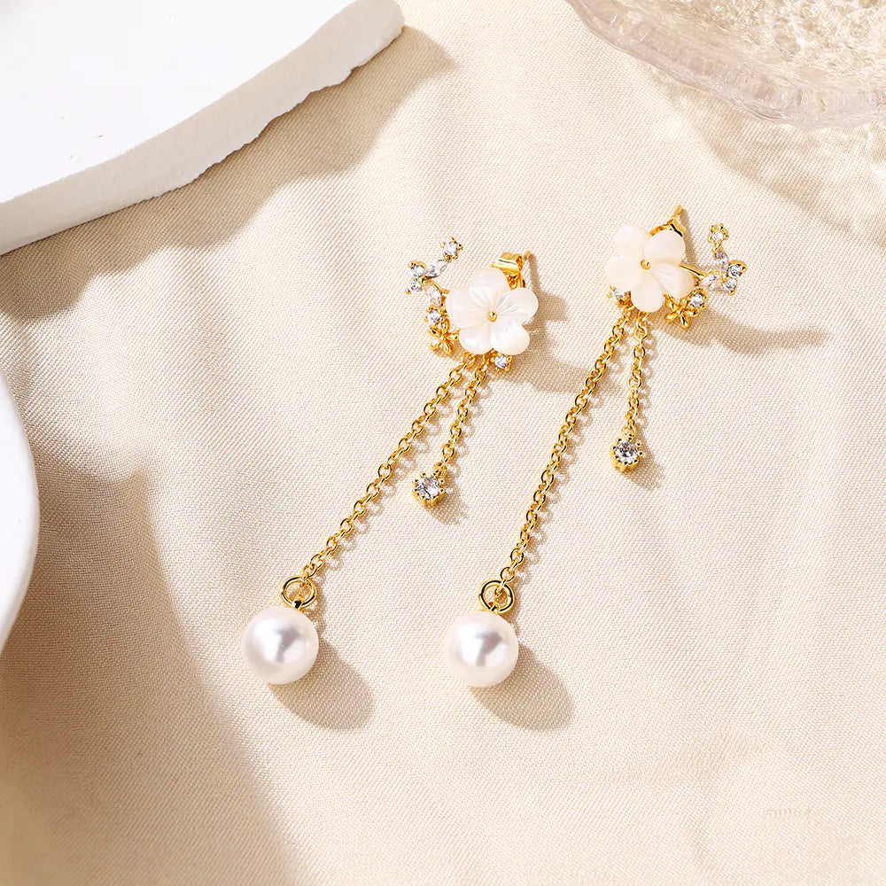 Brass Pearl Flower Stud Earrings