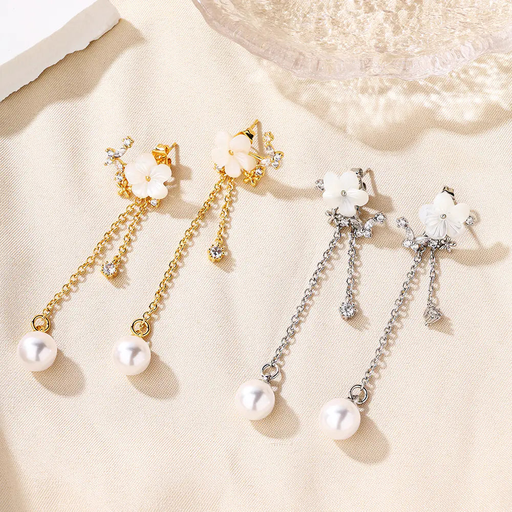 Brass Pearl Flower Stud Earrings