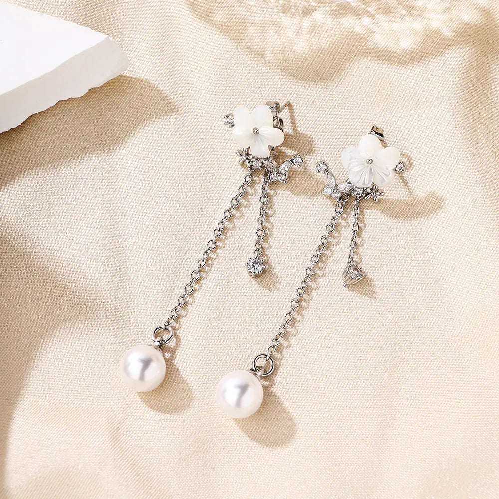 Brass Pearl Flower Stud Earrings