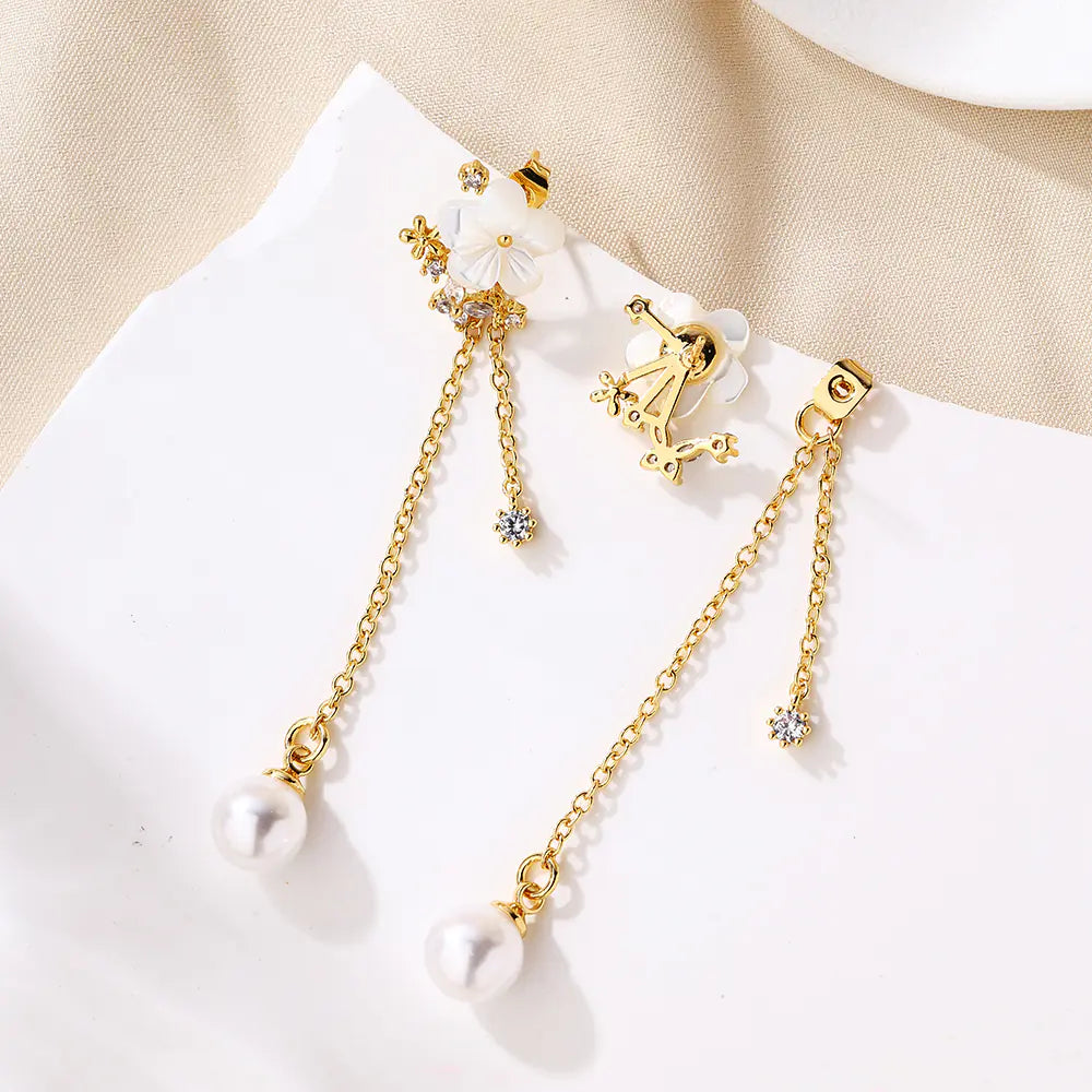 Brass Pearl Flower Stud Earrings