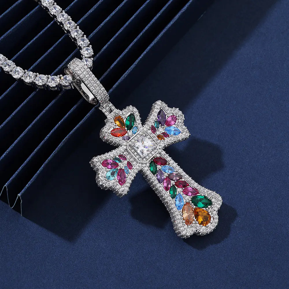 Multi Cutting Colorful Diamond Cross Charm Pendant