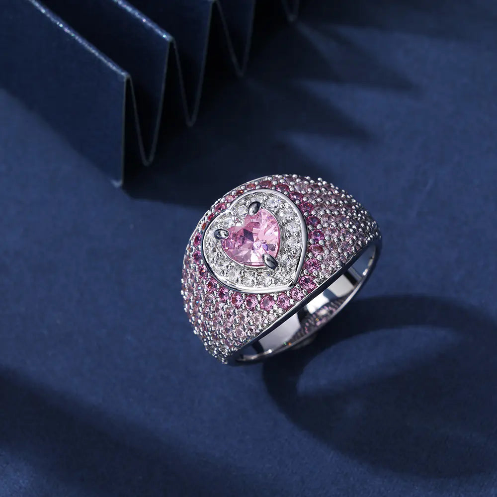 New Fashion Brass Clear Pink CZ Heart Ring