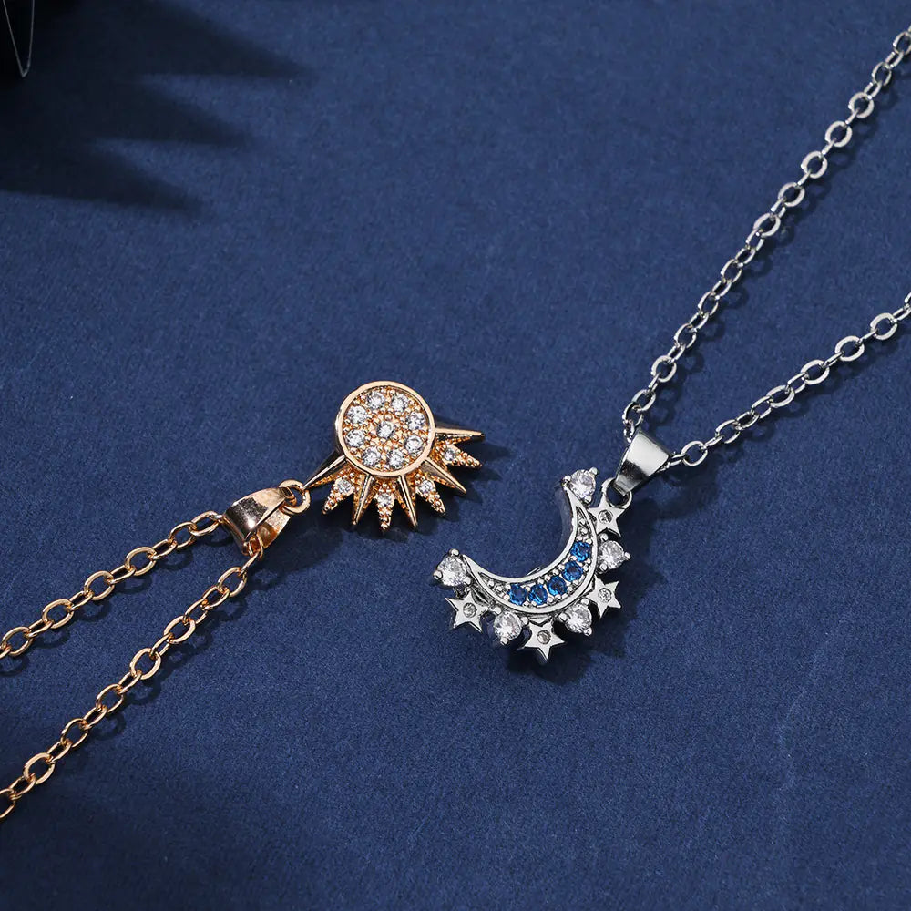 New Fashion Brass CZ Sun Moon Pendant Necklaces