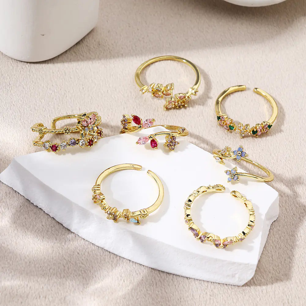 Colored CZ Flower Brass Opening Rings