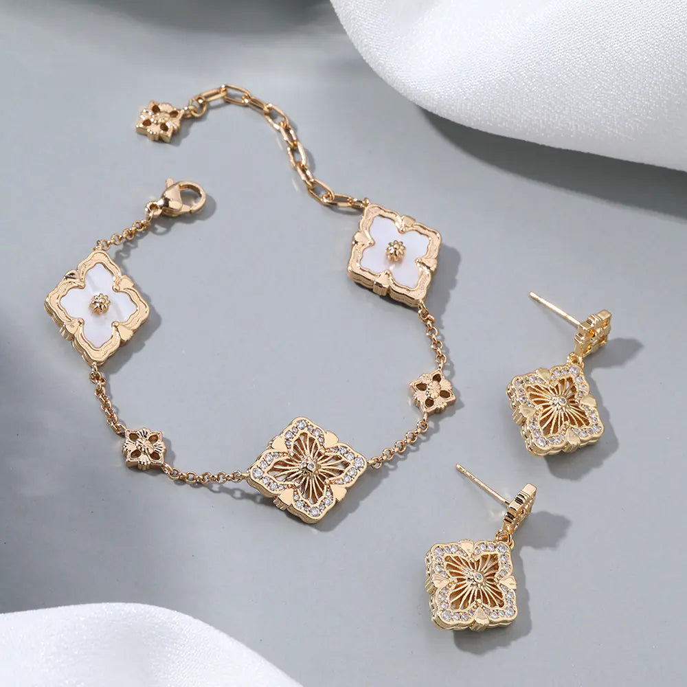 Vintage Brass Cz Chunky Flower Stud Earrings