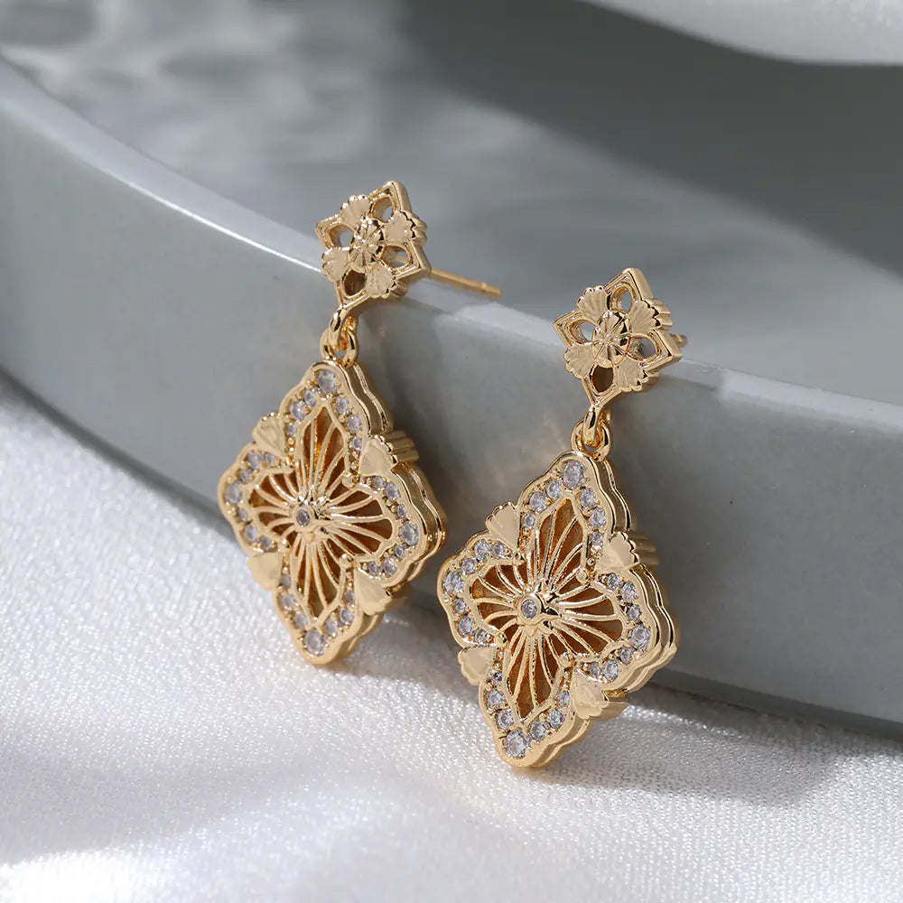 Vintage Brass Cz Chunky Flower Stud Earrings