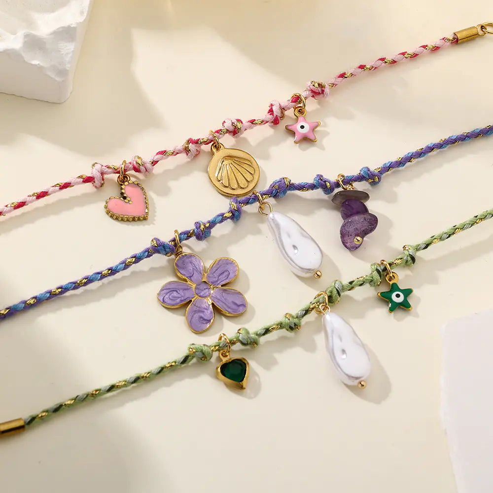 Colorful Braided Shell Charm Bracelet Adjustable