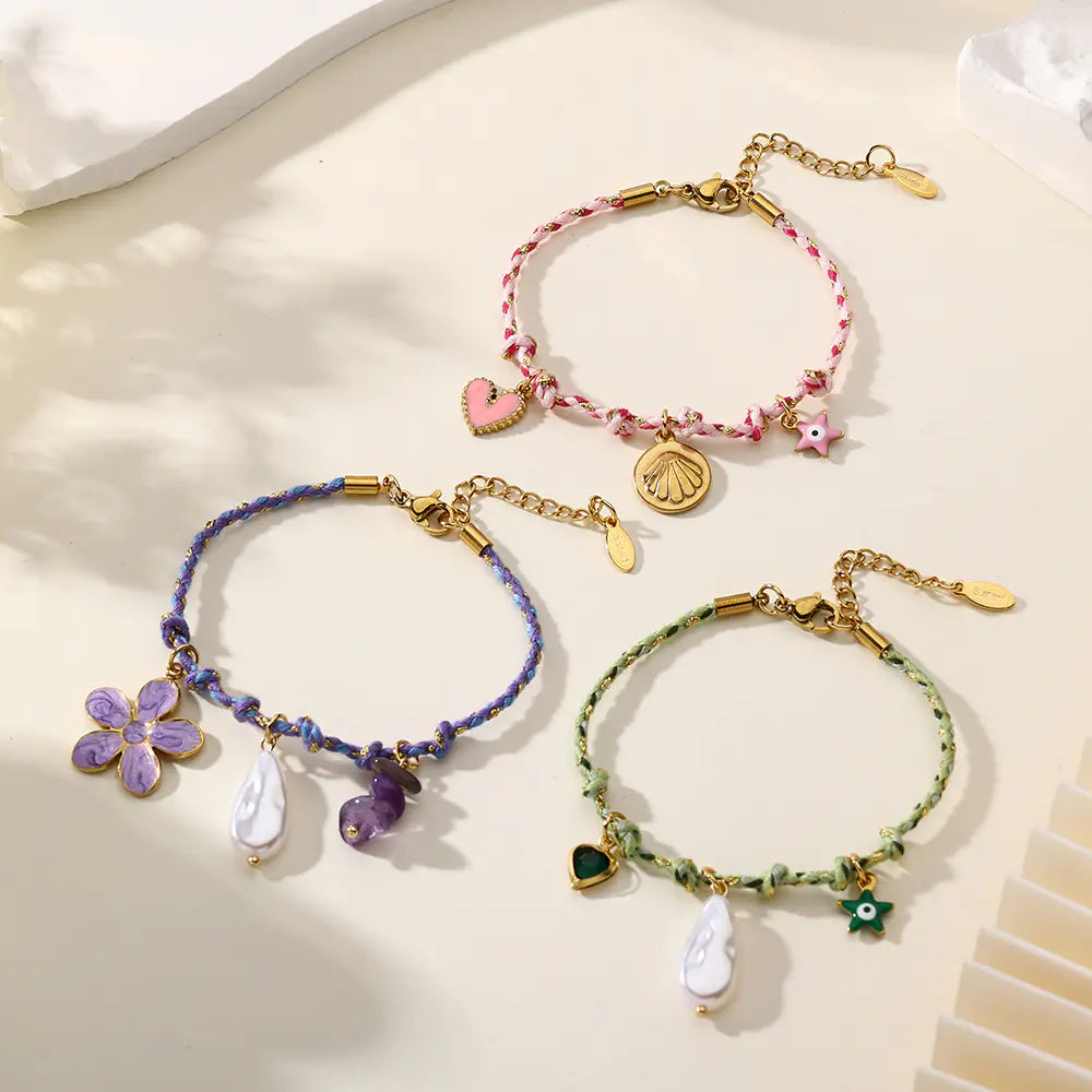 Colorful Braided Shell Charm Bracelet Adjustable