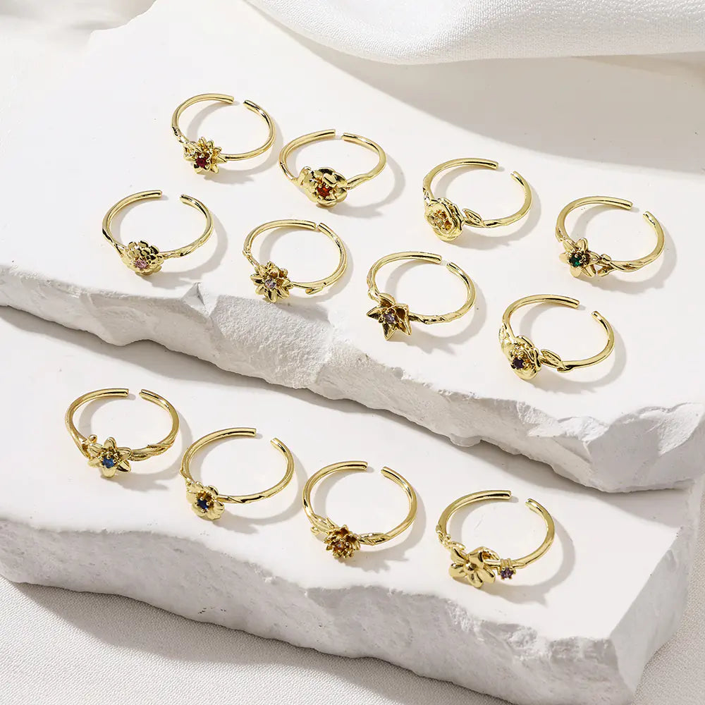 Adjustable Various Flower Design Brass Rings