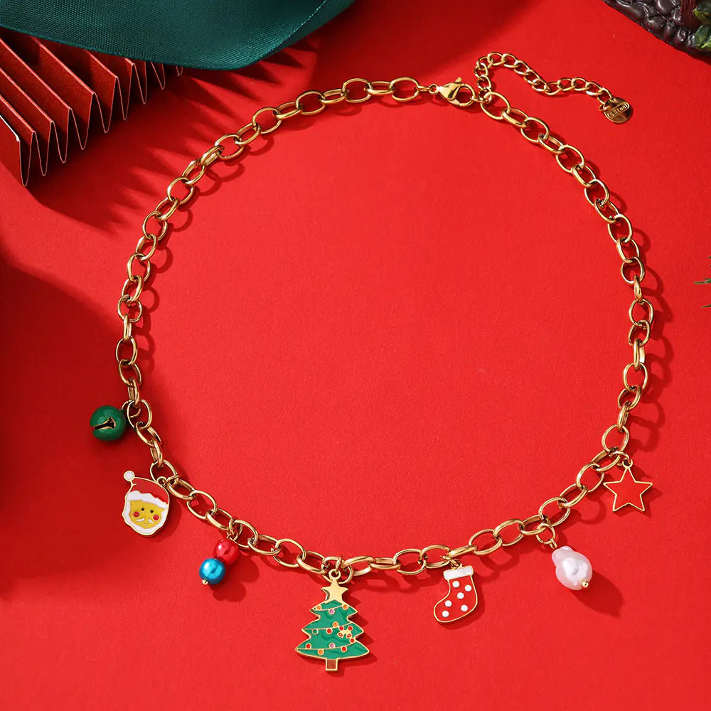Vintage Stainless Steel Christmas Enamel Necklace